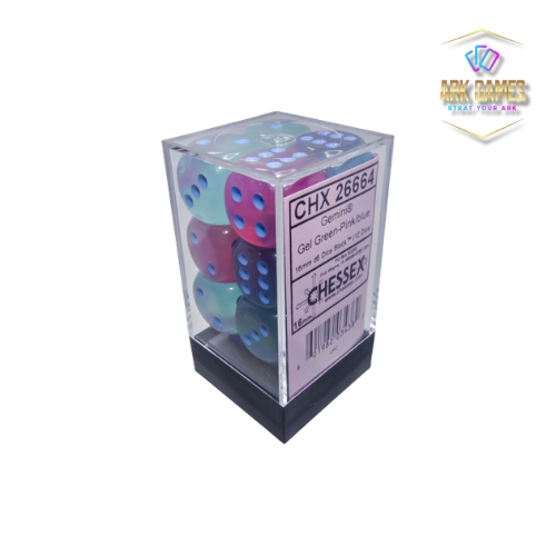 Chessex: Gemini Gel Green-Pink/blue Luminary 16mm d6 Dice Block (12 dice)