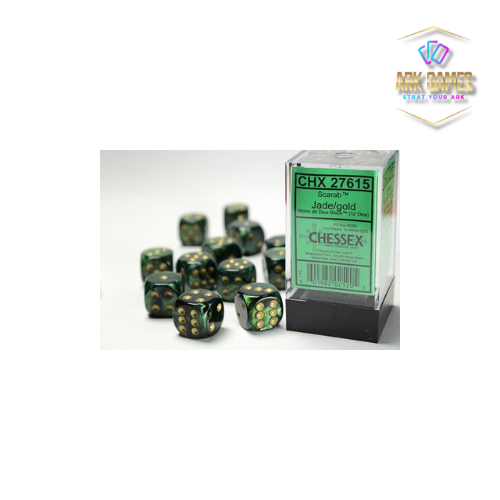 Chessex: Scarab Jade/gold 16mm d6 Dice Block (12 dice)