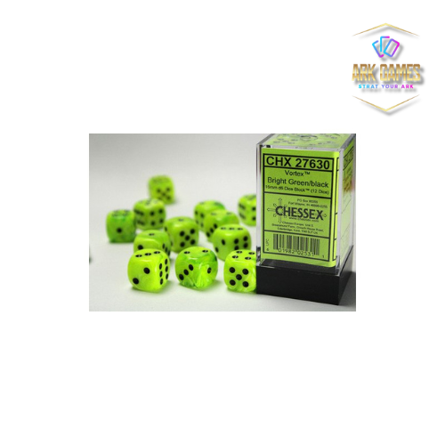 Chessex: Vortex Bright Green/black 16mm d6 Dice Block (12 dice)