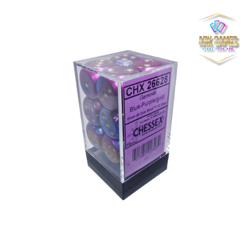 Chessex: Gemini Blue-Purple/gold 16mm d6 Dice Block (12 dice)