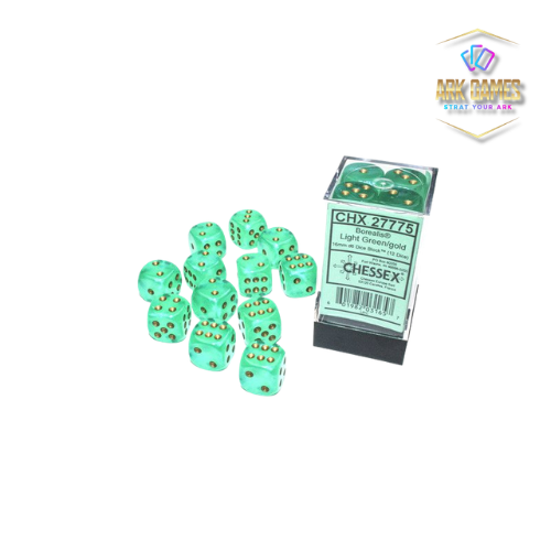 Chessex: Borealis Light Green/gold Luminary 16mm d6 Dice Block (12 dice)