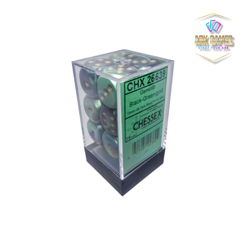 Chessex: Gemini Black-Green/gold 16mm d6 Dice Block (12 dice)